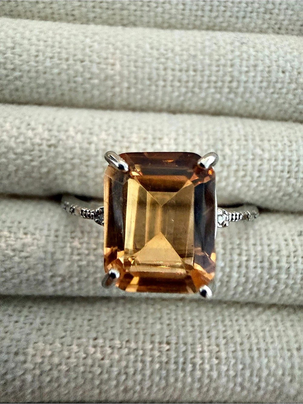 Genuine Citrine Ring Emerald-Cut in 925 Sterling Silver with Diamond Accents